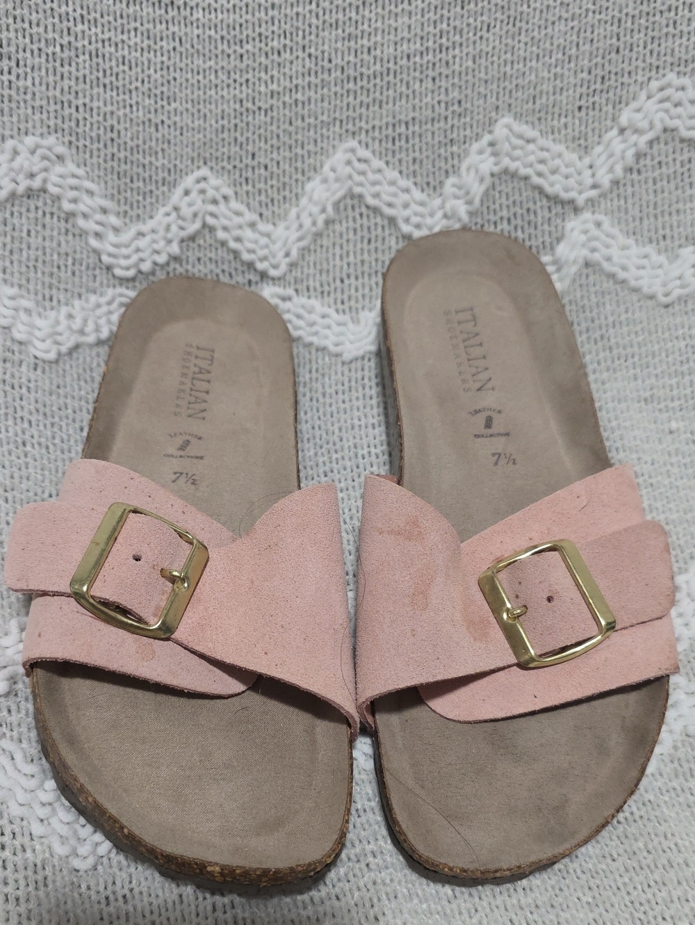 Italian Shoemakers Blush Suede Slide Sandals with Gold Buckles